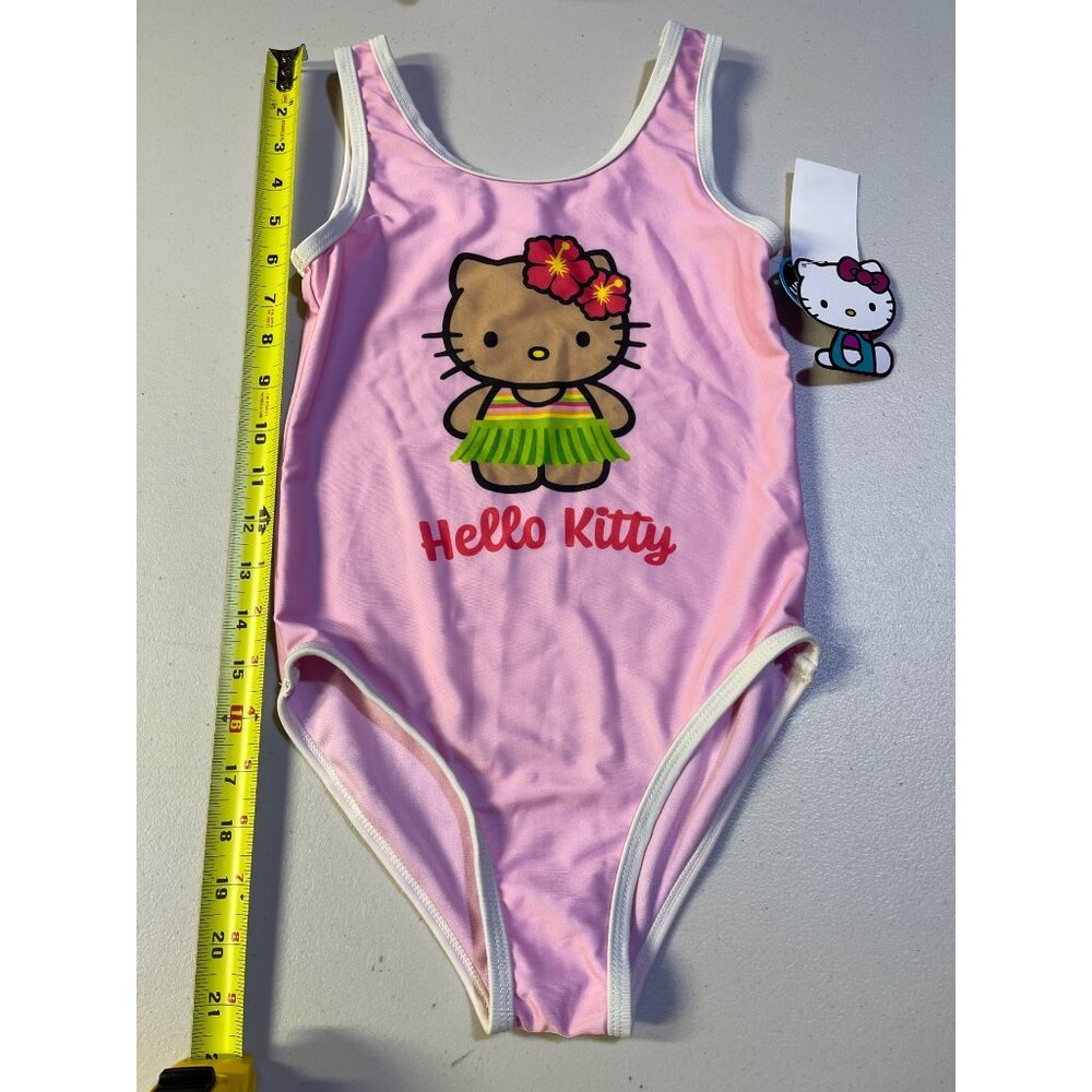 Hello Kitty Pink Girls 7/8 One-Piece Swimsuit With Hawaiian Design - Picture 4 of 11